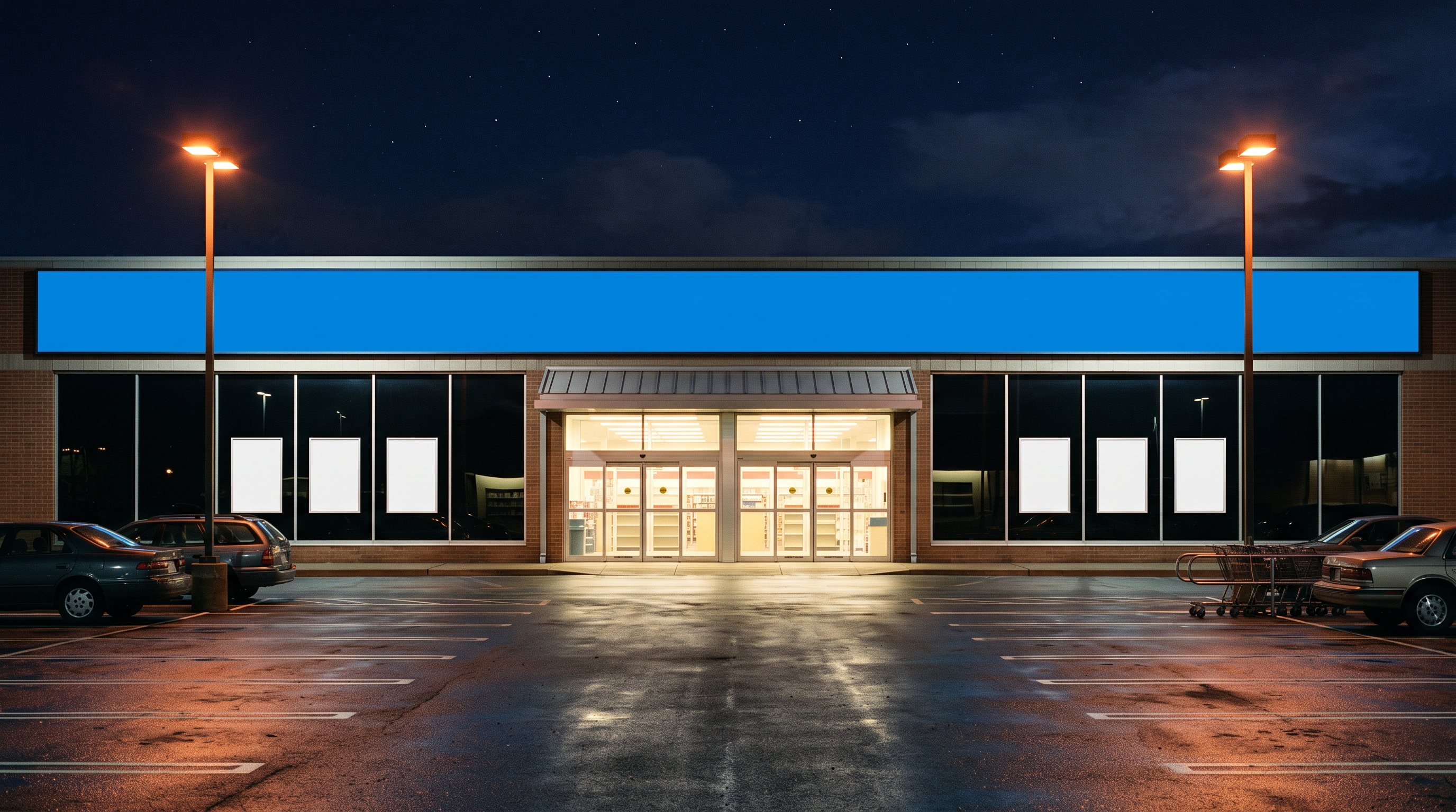 The Yonk Labs Software Center at night: a lit storefront with game posters in the windows